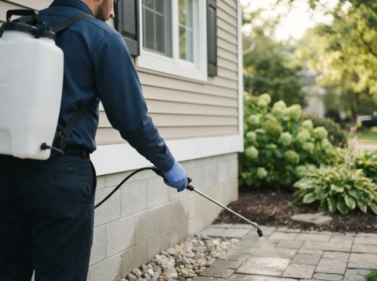 Pest control technician inspecting a home in Drums, PA